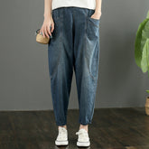 Stil: Blaue Haremshose aus Baumwoll-Denim mit elastischer Taille und Taschen